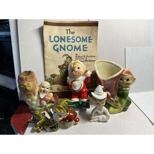 6 1950’s Japan ENESCO? PIXIE ELF FIGURINE Lot CERAMIC ELVES, Gnomes, Vase, 3”-5”